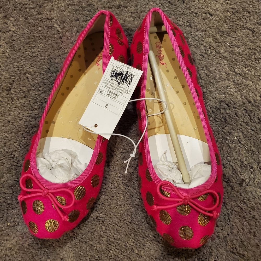 NWT Girls Sz3 Cat&Jack fushia/gold ballet flats
